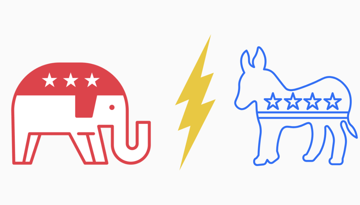 Illustration of the Republican party's mascot and the Democratic party's mascot